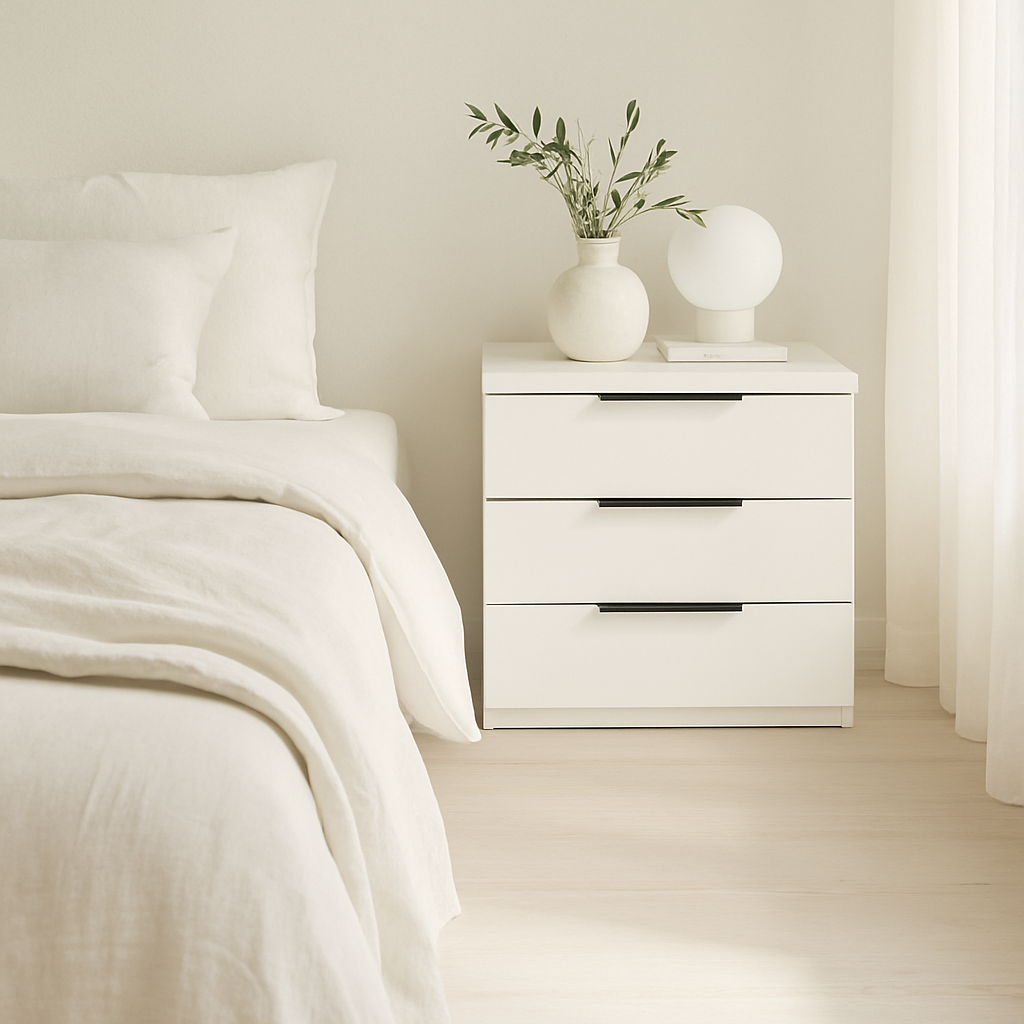 Mesita de noche Éter color blanco de Morfeo junto a una cama con ropa de lino blanca en un dormitorio luminoso.