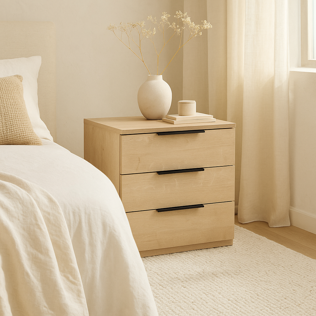 Mesita de noche Éter de Morfeo en madera natural con jarrón de flores secas junto a la cama y cortinas de lino.