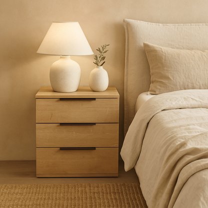 Mesita de noche Éter de Morfeo en madera natural junto a la cama, con lámpara de cerámica en un dormitorio cálido.