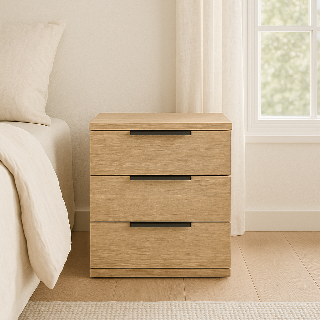 Mesita de noche Éter de Morfeo en madera natural junto a la cama en un dormitorio luminoso con ventana.
