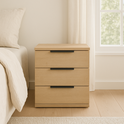 Mesita de noche Éter de Morfeo en madera natural junto a la cama en un dormitorio luminoso con ventana.