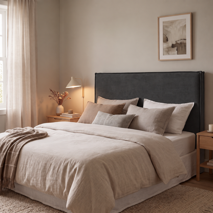 Cabecero Mox de Morfeo en antracita gris carbón oscuro, en dormitorio moderno con textiles claros y luz natural.