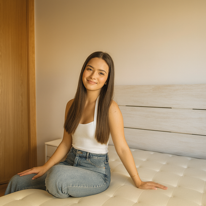 Mujer sobre el colchón Altus de Morfeo en dormitorio luminoso con textiles claros.
