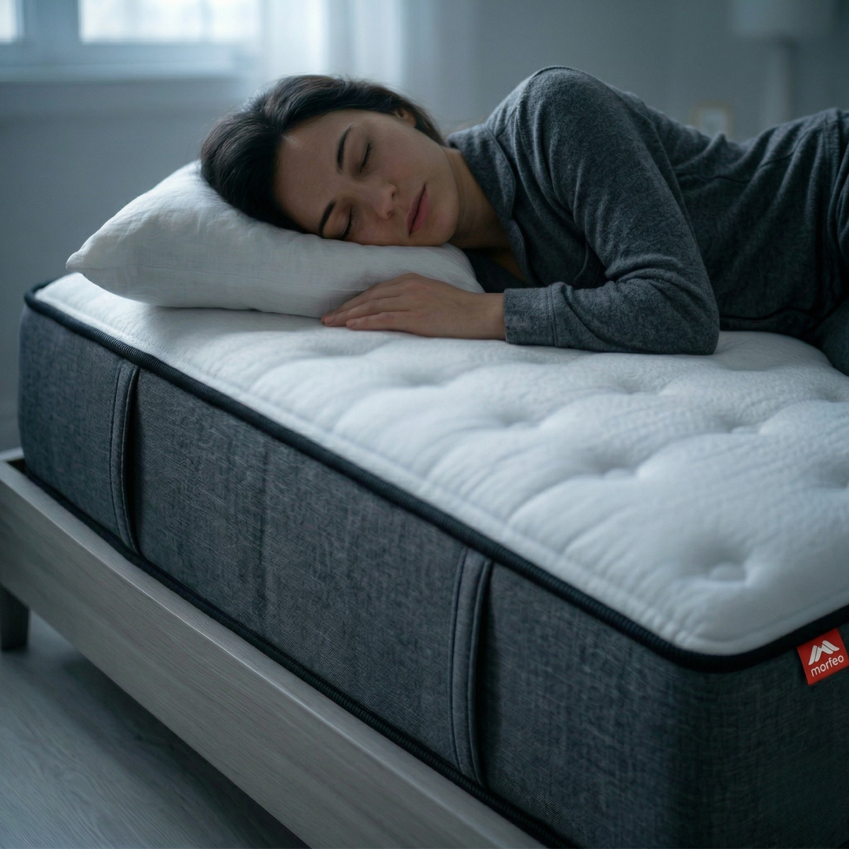 Mujer durmiendo sobre el colchón Altus de Morfeo en dormitorio luminoso.