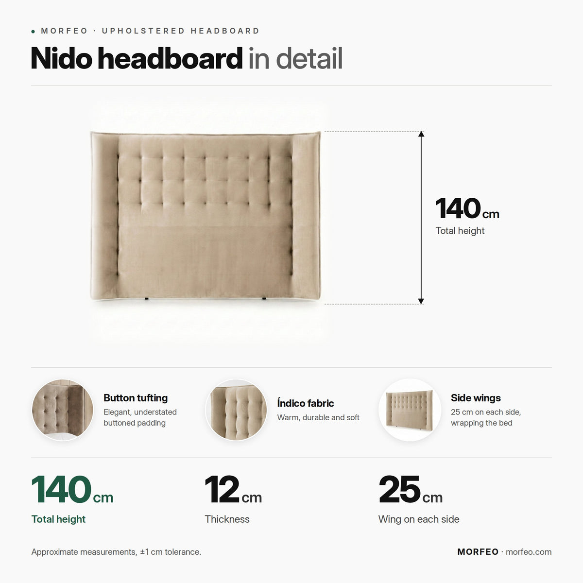Nido upholstered headboard by Morfeo infographic: 140 cm high, 12 cm thick with 25 cm side wings.