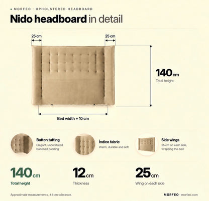 Nido upholstered headboard by Morfeo dimensions: 140 cm high with 25 cm side wings.