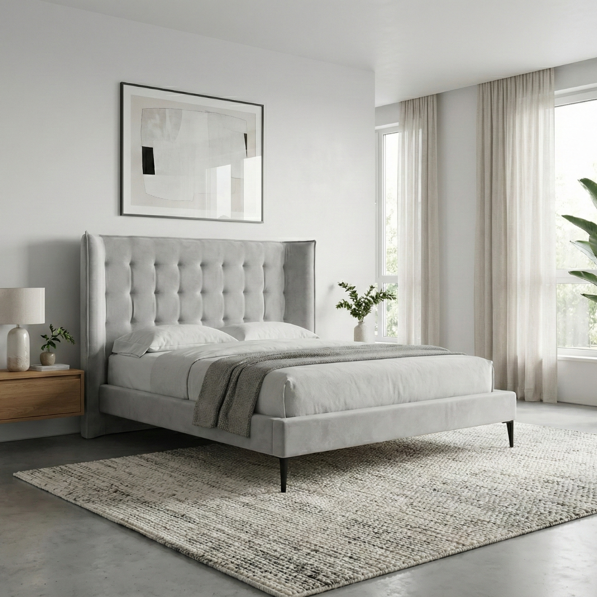 Pack cabecero Nido y base Lyon gris plata de Morfeo en un dormitorio moderno y luminoso con alfombra.