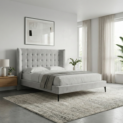 Pack cabecero Nido y base Lyon gris plata de Morfeo en un dormitorio moderno y luminoso con alfombra.