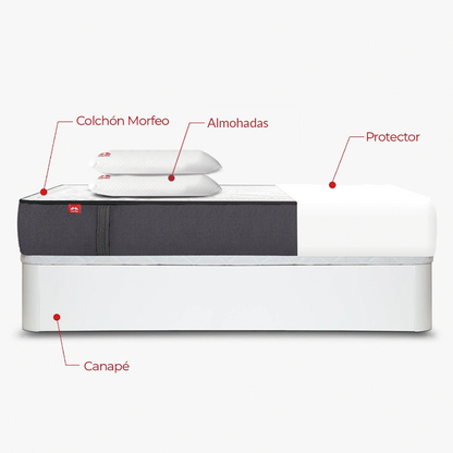Pack de canapé abatible Rodas blanco con colchón Morfeo, dos almohadas y protector en medida 135x190.