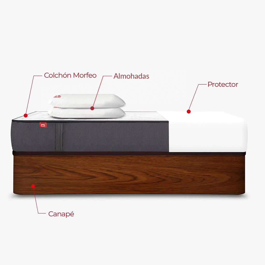 Pack de canapé abatible Rodas nogal con colchón Morfeo, dos almohadas y protector en medida 135x190.
