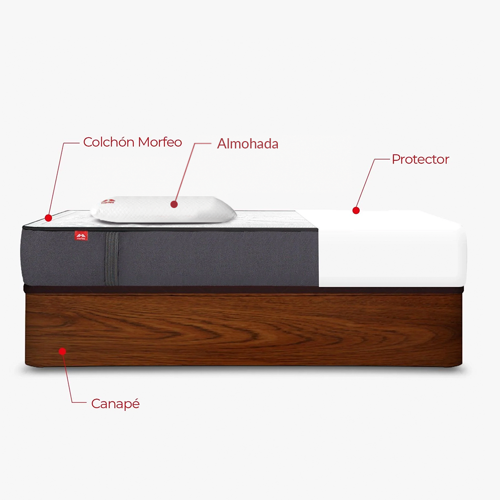 Pack de canapé abatible Rodas nogal con colchón Morfeo, una almohada y protector en medida 90x190.