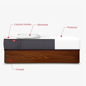 Pack de canapé abatible Rodas nogal con colchón Morfeo, una almohada y protector en medida 90x190.