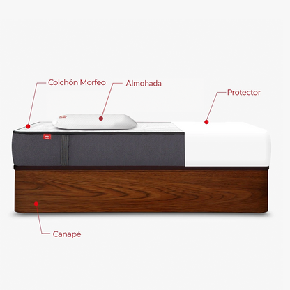 Pack de canapé abatible Rodas nogal con colchón Morfeo, una almohada y protector en medida 90x190.