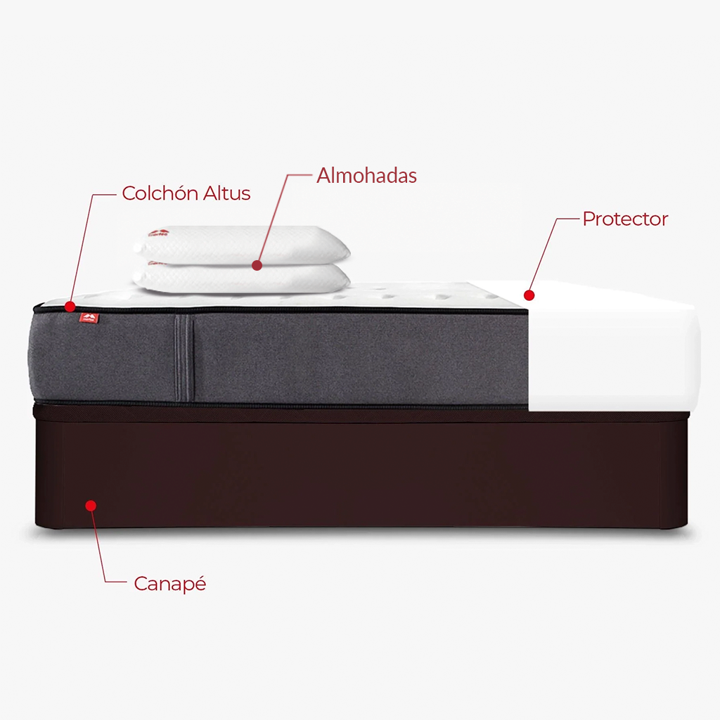 Pack Morfeo con canapé abatible Rodas wengué, colchón Altus, dos almohadas y protector en medida 135x190.
