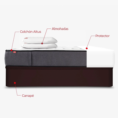 Pack Morfeo con canapé abatible Rodas wengué, colchón Altus, dos almohadas y protector en medida 135x190.