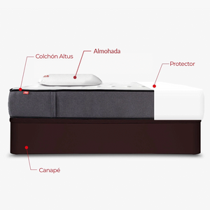 Pack Morfeo con canapé abatible Rodas wengué, colchón Altus, una almohada y protector en medida 90x190.