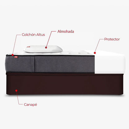 Pack Morfeo con canapé abatible Rodas wengué, colchón Altus, una almohada y protector en medida 90x190.