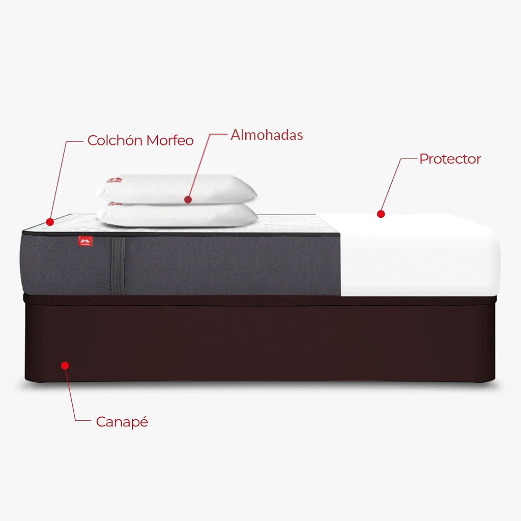 Pack de canapé abatible Rodas wengué con colchón Morfeo, dos almohadas y protector en medida 135x190.