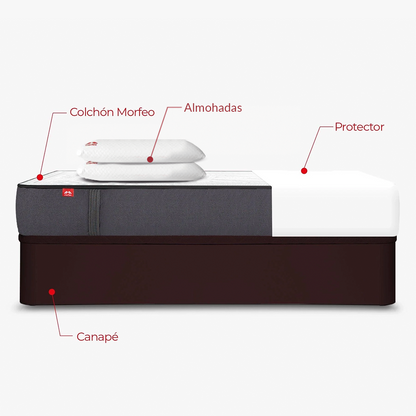 Pack de canapé abatible Rodas wengué con colchón Morfeo, dos almohadas y protector en medida 135x190.