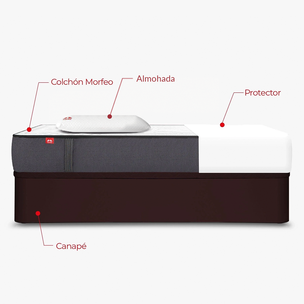 Pack de canapé abatible Rodas wengué con colchón Morfeo, una almohada y protector en medida 90x190.