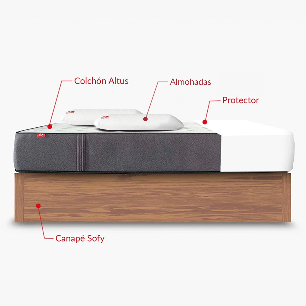 Pack Morfeo con canapé abatible Sofy bellota, colchón Altus, dos almohadas y protector en medida 135x190.