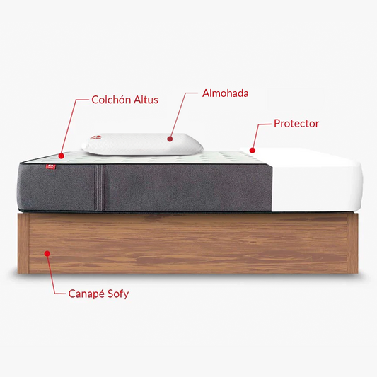Pack Morfeo con canapé abatible Sofy bellota, colchón Altus, una almohada y protector en medida 90x190.