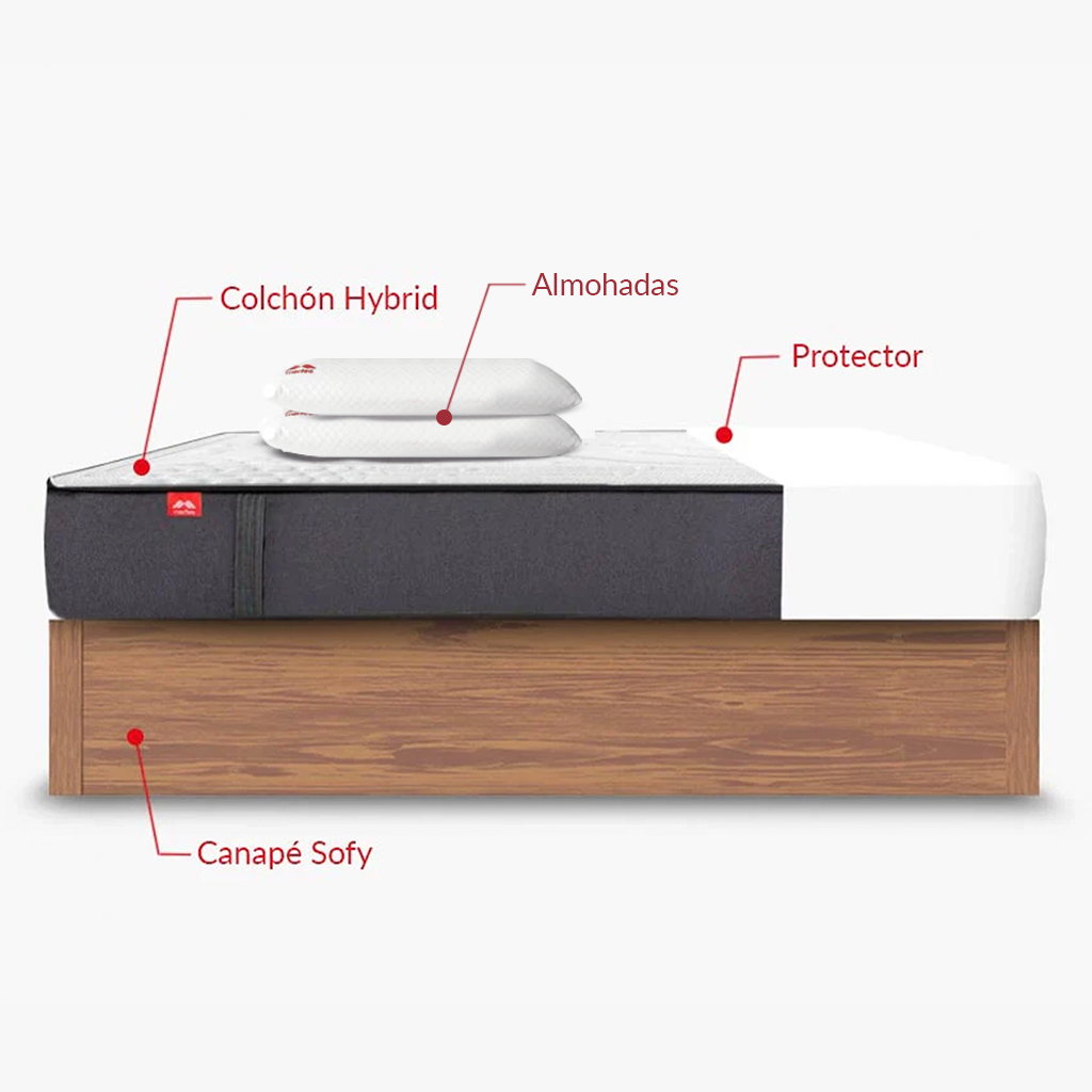 Pack Morfeo con canapé abatible Sofy bellota, colchón Hybrid, dos almohadas y protector en medida 140x190.