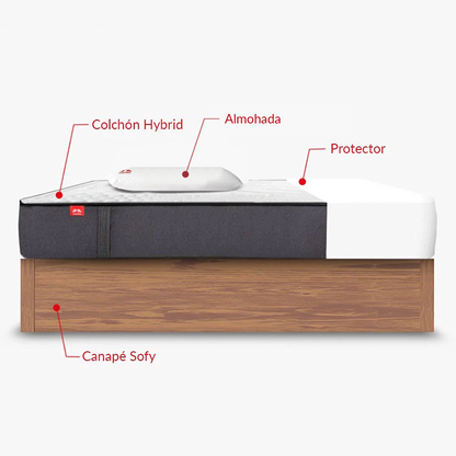 Pack Morfeo con canapé abatible Sofy bellota, colchón Hybrid, una almohada y protector en medida 90x190.