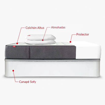 Pack Morfeo con canapé abatible Sofy blanco, colchón Altus, dos almohadas y protector en medida 135x190.