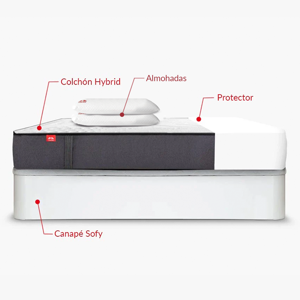 Pack Morfeo con canapé abatible Sofy blanco, colchón Hybrid, dos almohadas y protector en medida 135x190.