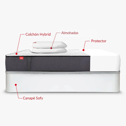 Pack Morfeo con canapé abatible Sofy blanco, colchón Hybrid, dos almohadas y protector en medida 135x190.