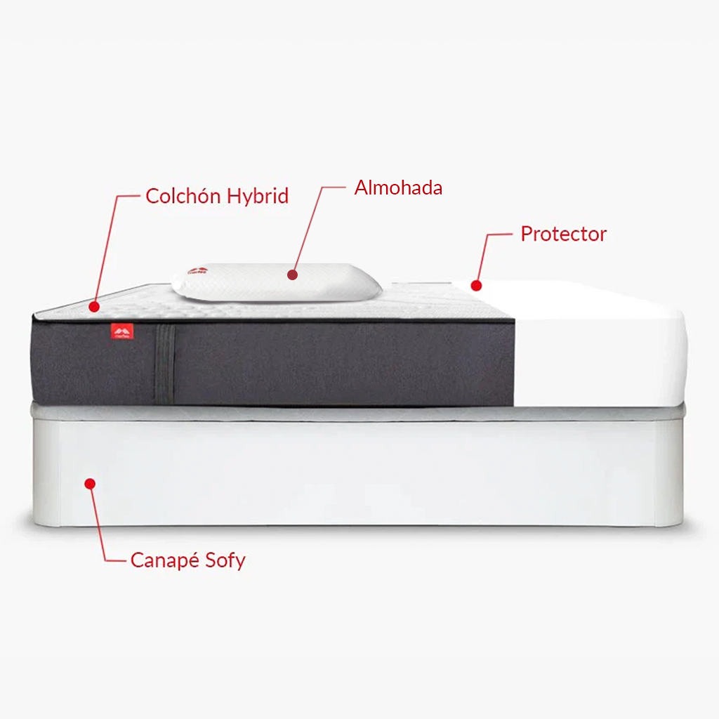 Pack Morfeo con canapé abatible Sofy blanco, colchón Hybrid, una almohada y protector en medida 90x190.