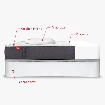 Pack Morfeo con canapé abatible Sofy blanco, colchón Hybrid, una almohada y protector en medida 90x190.