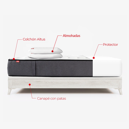 Pack Morfeo con canapé Niza blanco con patas, colchón Altus, dos almohadas y protector en medida 135x190.