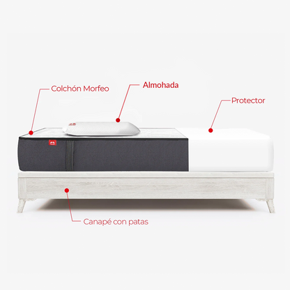 Pack de canapé Niza blanco con patas, colchón Morfeo, una almohada y protector en medida 90x190.