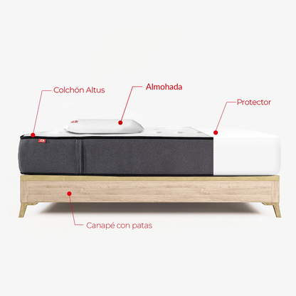 Pack Morfeo con canapé Niza cambrian con patas, colchón Altus, una almohada y protector en medida 90x190.