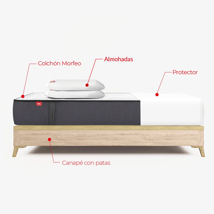 Pack de canapé Niza cambrian con patas, colchón Morfeo, dos almohadas y protector en medida 135x190.