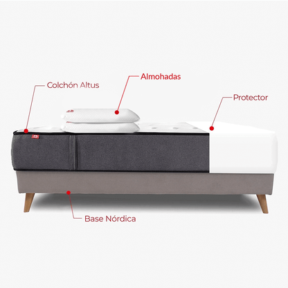 Pack Morfeo de colchón Altus, base tapizada Silos con patas de madera, dos almohadas y protector en 135x190.