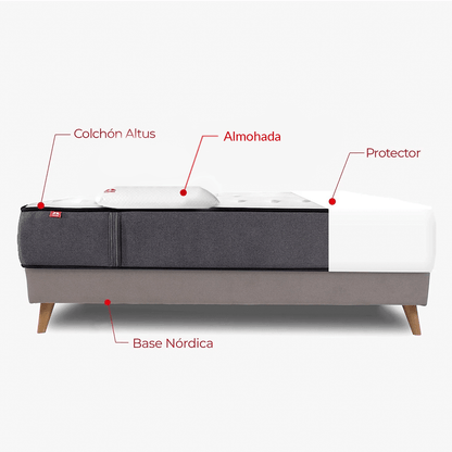 Pack Morfeo con colchón Altus sobre base tapizada Silos con patas de madera, almohada y protector, 90x190.
