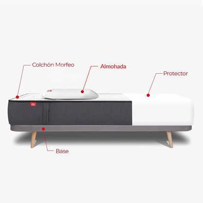 Pack de colchón Morfeo, base tapizada Kos gris con patas de madera, almohada y protector en 90x190.