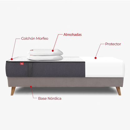 Pack con colchón Morfeo, base tapizada Silos con patas de madera, dos almohadas y protector, medida 135x190.