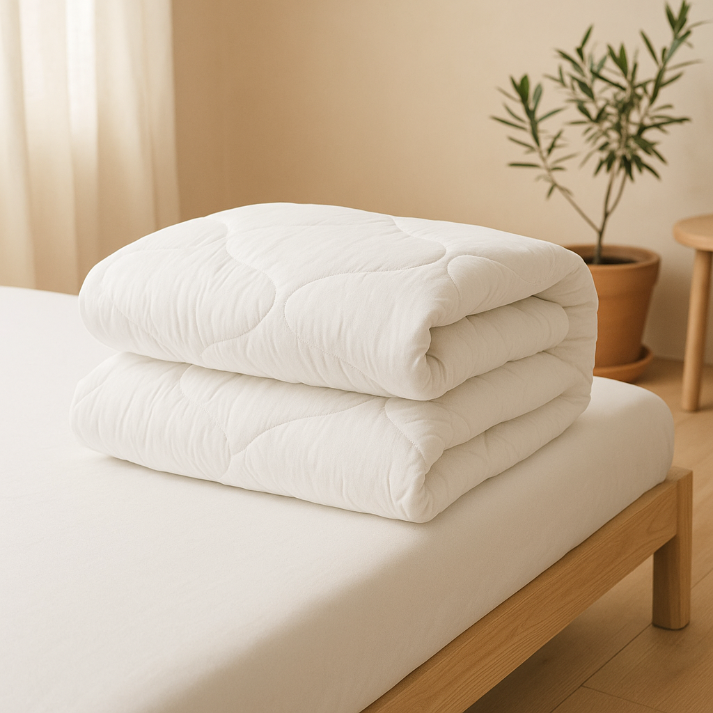 Protector de colchón FreshCool de Morfeo doblado sobre una cama en un dormitorio cálido con planta.