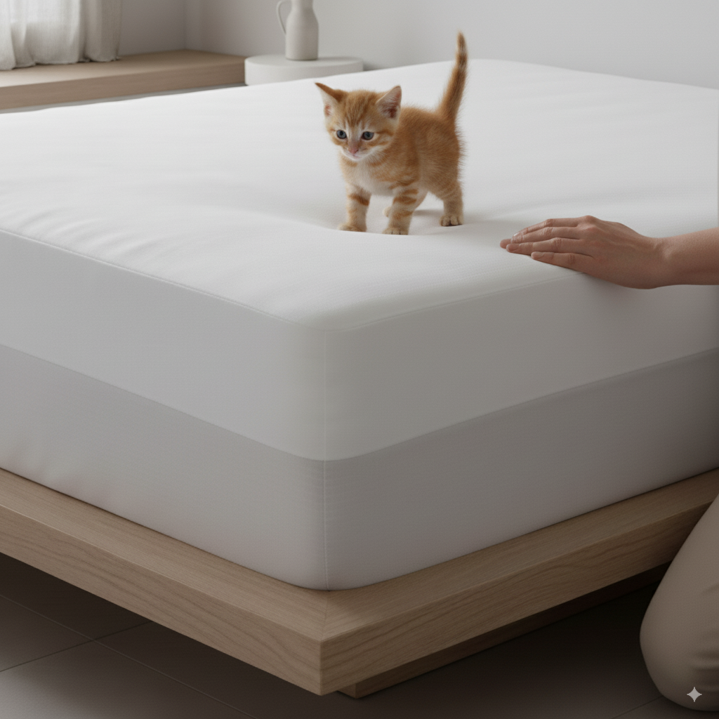 Gatito sobre el protector de colchón Tencel de Morfeo colocado en la cama, mostrando su resistencia en el día a día.