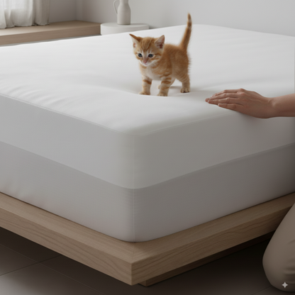 Gatito sobre el protector de colchón Tencel de Morfeo colocado en la cama, mostrando su resistencia en el día a día.