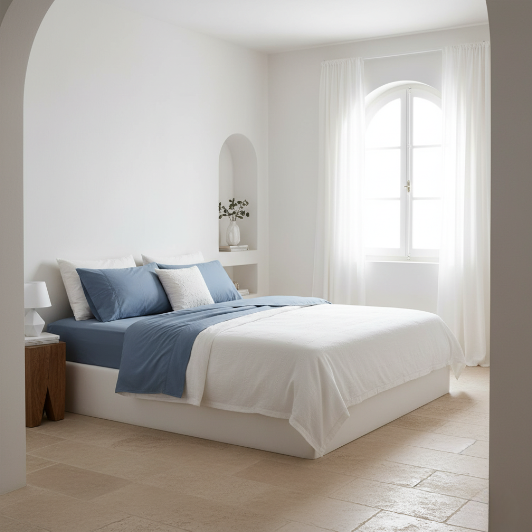 Juego de sábanas de algodón percal azul cobalto de Morfeo en dormitorio luminoso con cama vestida, almohadas y textiles blancos.