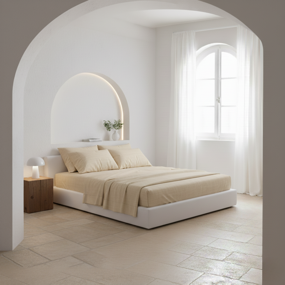 Juego de sábanas de algodón percal beige de Morfeo en dormitorio luminoso con cama vestida, almohadas y textiles blancos.