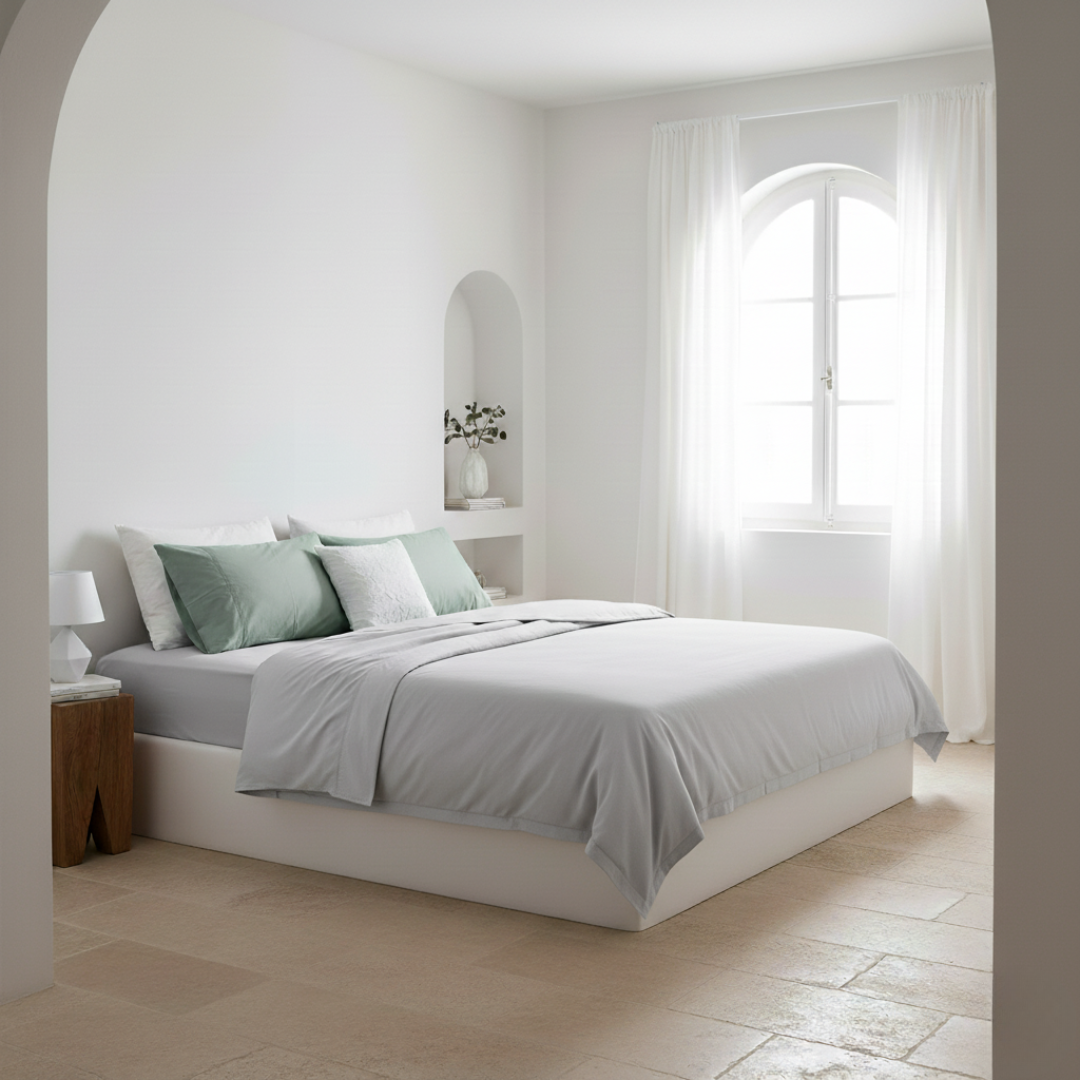 Juego de sábanas de algodón percal gris de Morfeo en dormitorio luminoso con cama vestida, almohadas y textiles blancos.