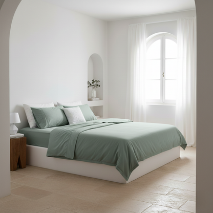 Juego de sábanas de algodón percal verde de Morfeo en dormitorio luminoso con cama vestida, almohadas y textiles blancos.