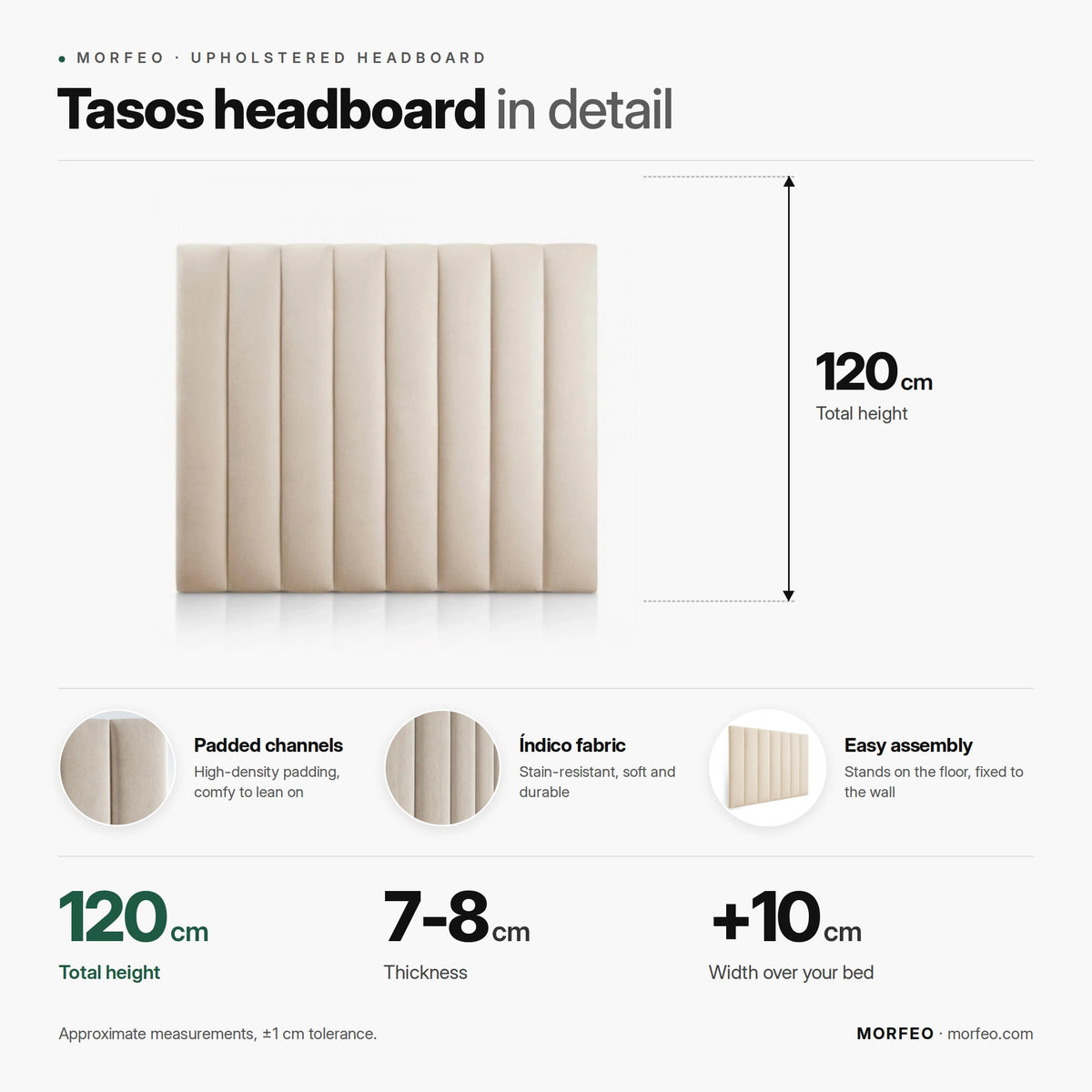Tasos upholstered headboard by Morfeo infographic: 120 cm high, 7-8 cm thick, bed width +10 cm.