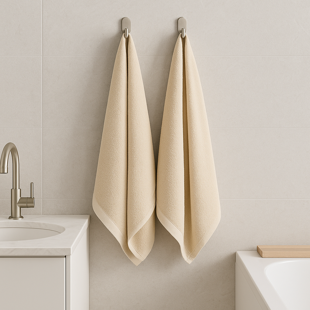 Dos toallas de baño Serena de Morfeo colgadas de ganchos junto al lavabo en un baño claro.
